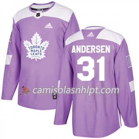 Camisola Toronto Maple Leafs Frederik Andersen 31 Adidas 2017-2018 Roxo Fights Cancer Practice Authentic - Homem